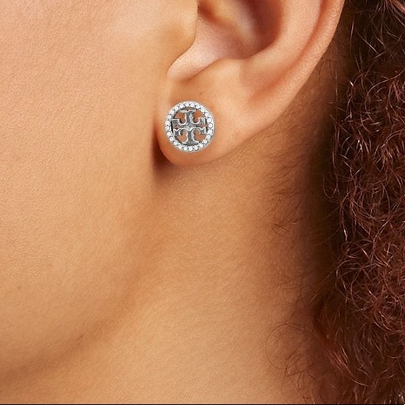 Tory Burch Crystal Logo Circle Stud Earrings - Picture 3 of 6